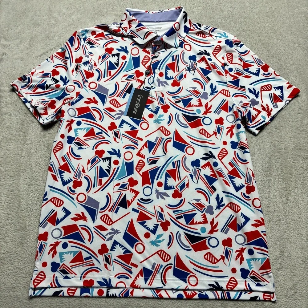 NEW Good Good Shirt Proud & True Polo Mens L Geometric White Print Golf Tropical